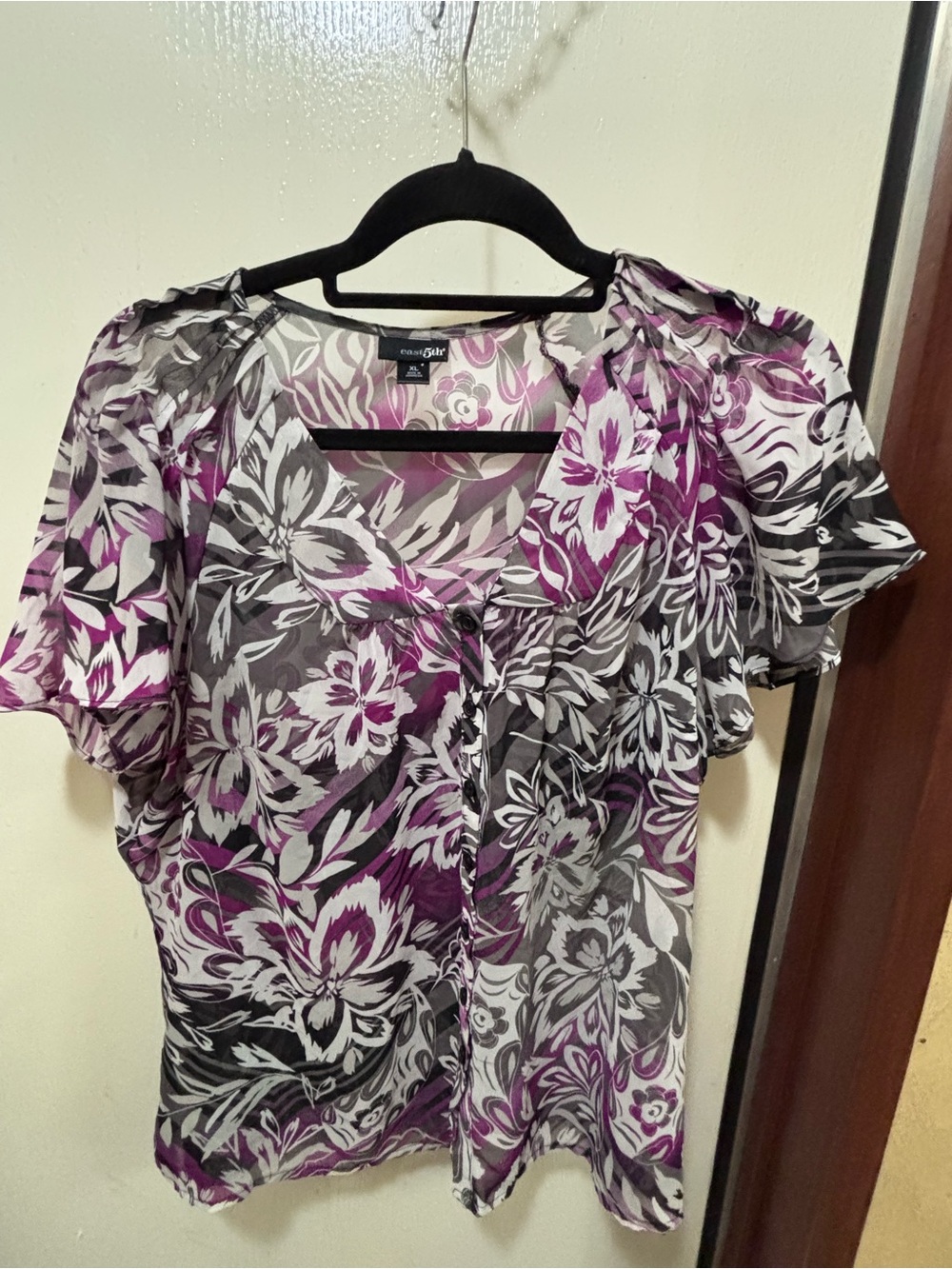 East 5th Purple and White Floral Sheer Button Front Blouse